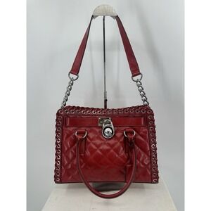 Michael Kors Hamilton Whipstitch Grommet Diamond Quilted Tote Shoulder Bag Red